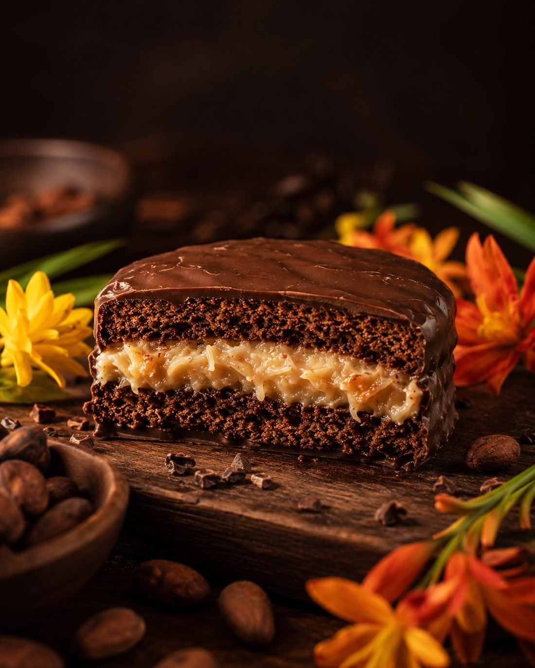 Alfajor artesanal Shiaukelit partido, con manjar de coco, granos de cacao y flores amazónicas
