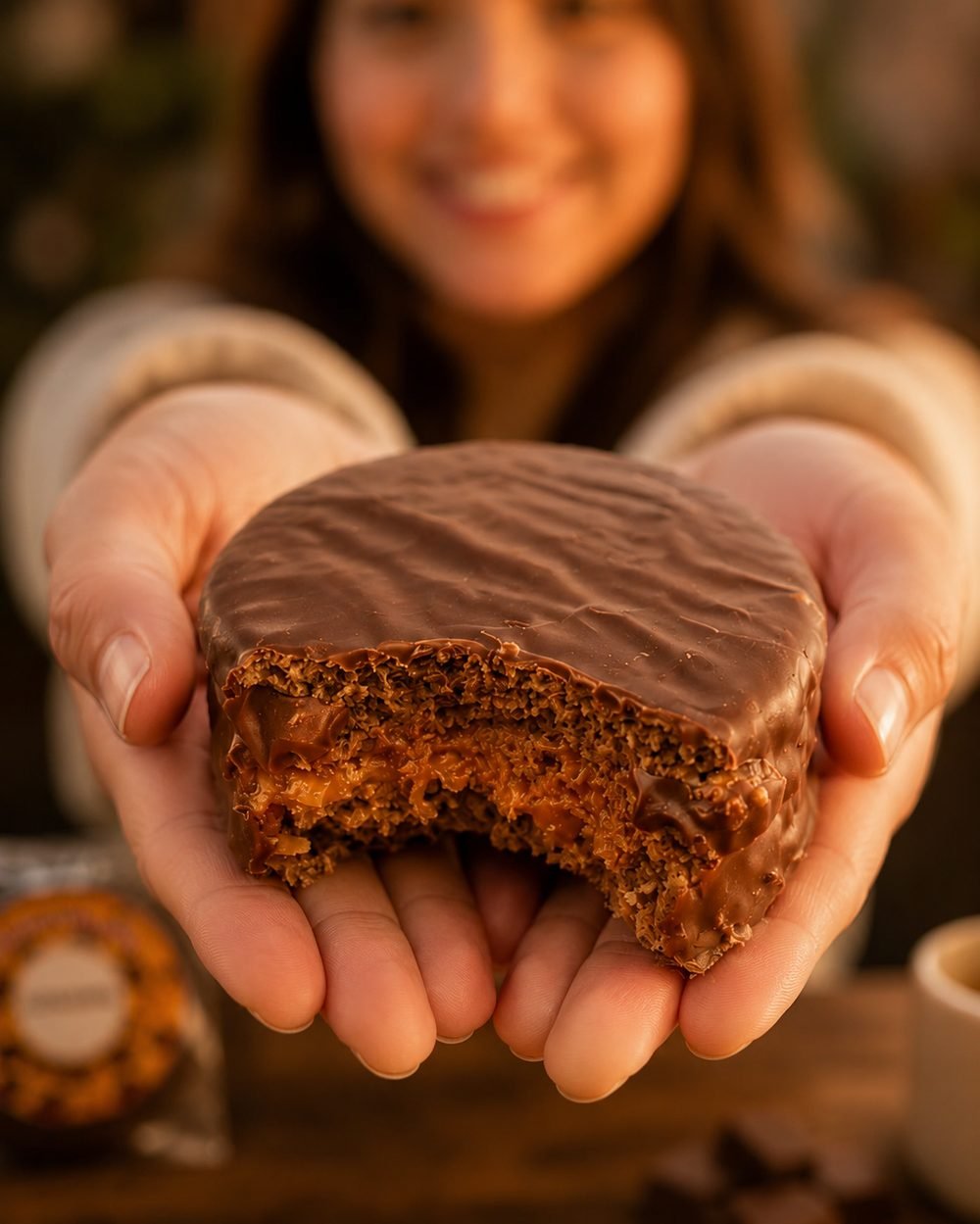 Clienta ofreciendo un alfajor artesanal Shiaukelit