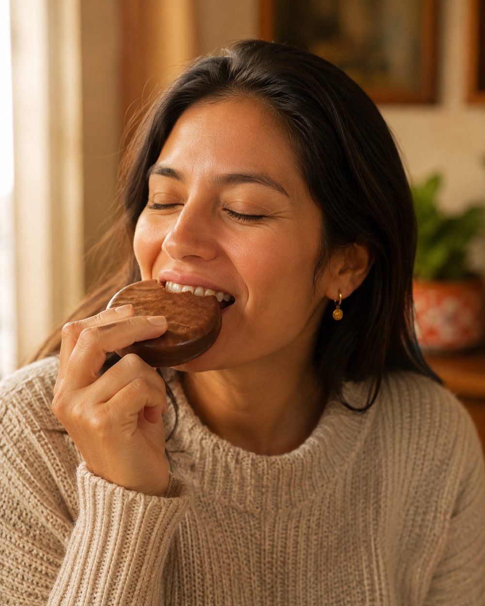 Clienta disfrutando un alfajor artesanal Shiaukelit